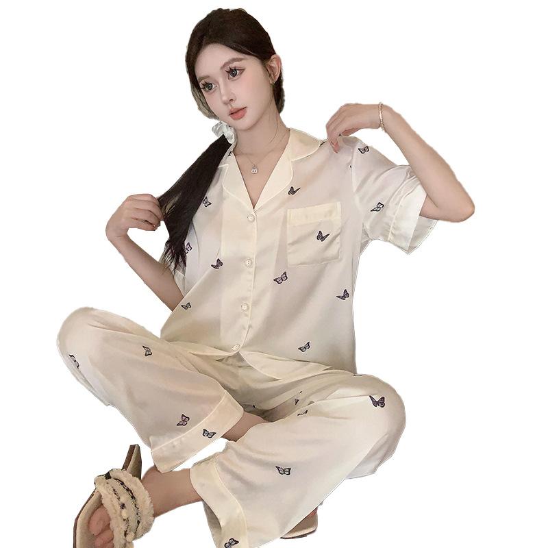 Butterfly Printing Ice Silk Summer High-Value Pajamas Women'S Short-Sleeved Trousers Loose Loungewear Foreign Trade