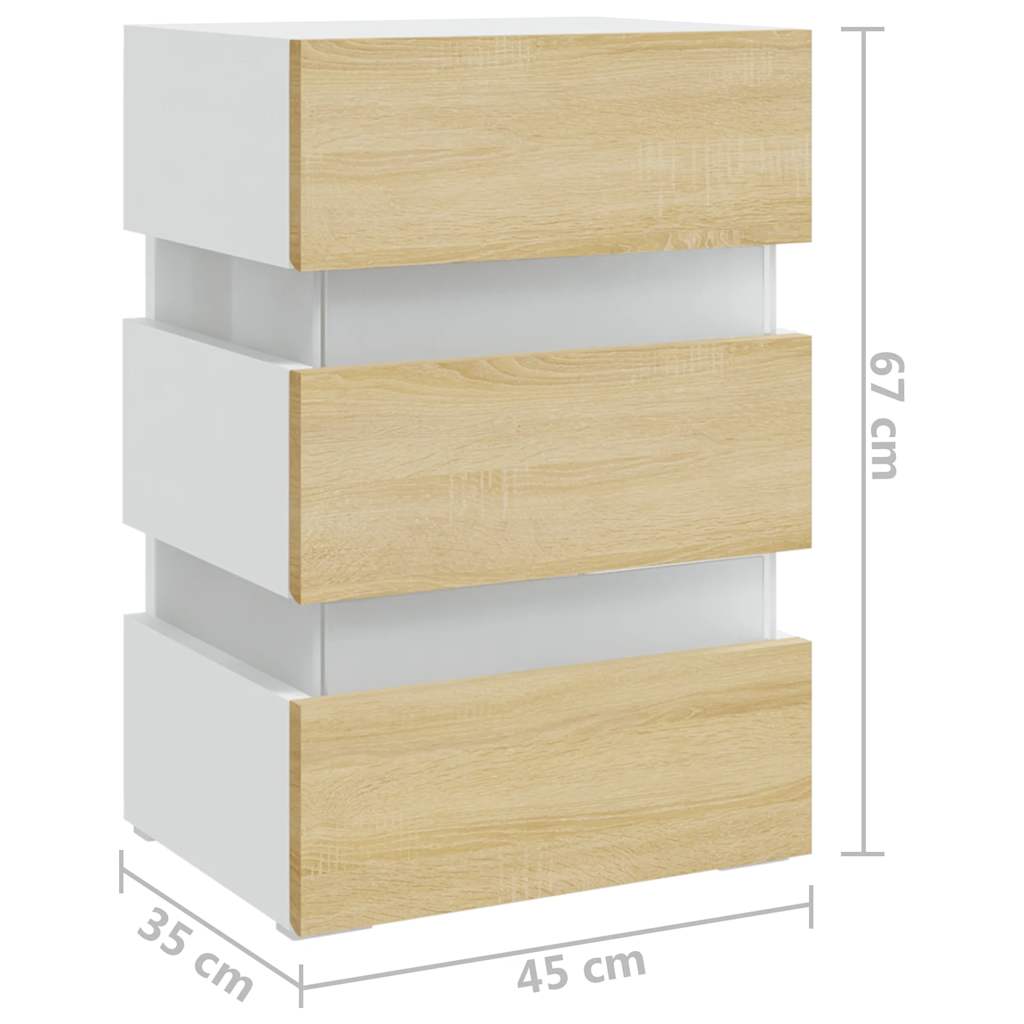 LED Nightstand in White and Sonoma Oak 45 x 35 x 67 cm Particleboard