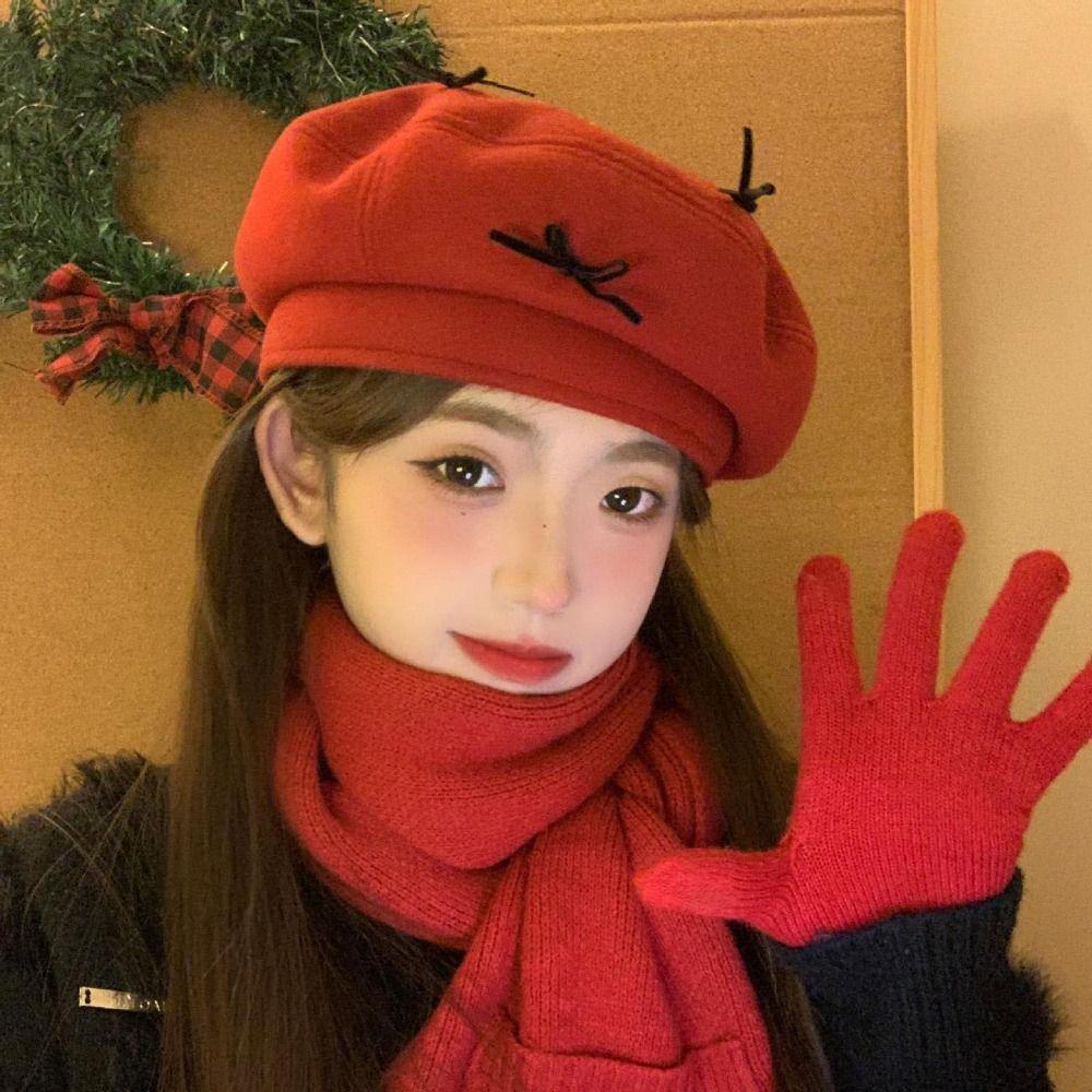 

Woolen Painter Hat Solid color Women Octagonal Cap Versatile Bow Beret Hat Ladies