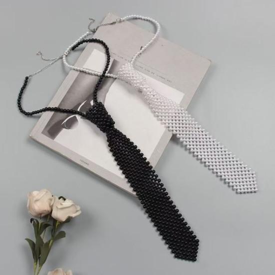 Women Necktie, Faux Pearls Wedding Guest Tie, Decorative Business Suit Tie, Outfit Accessory for Formal Events