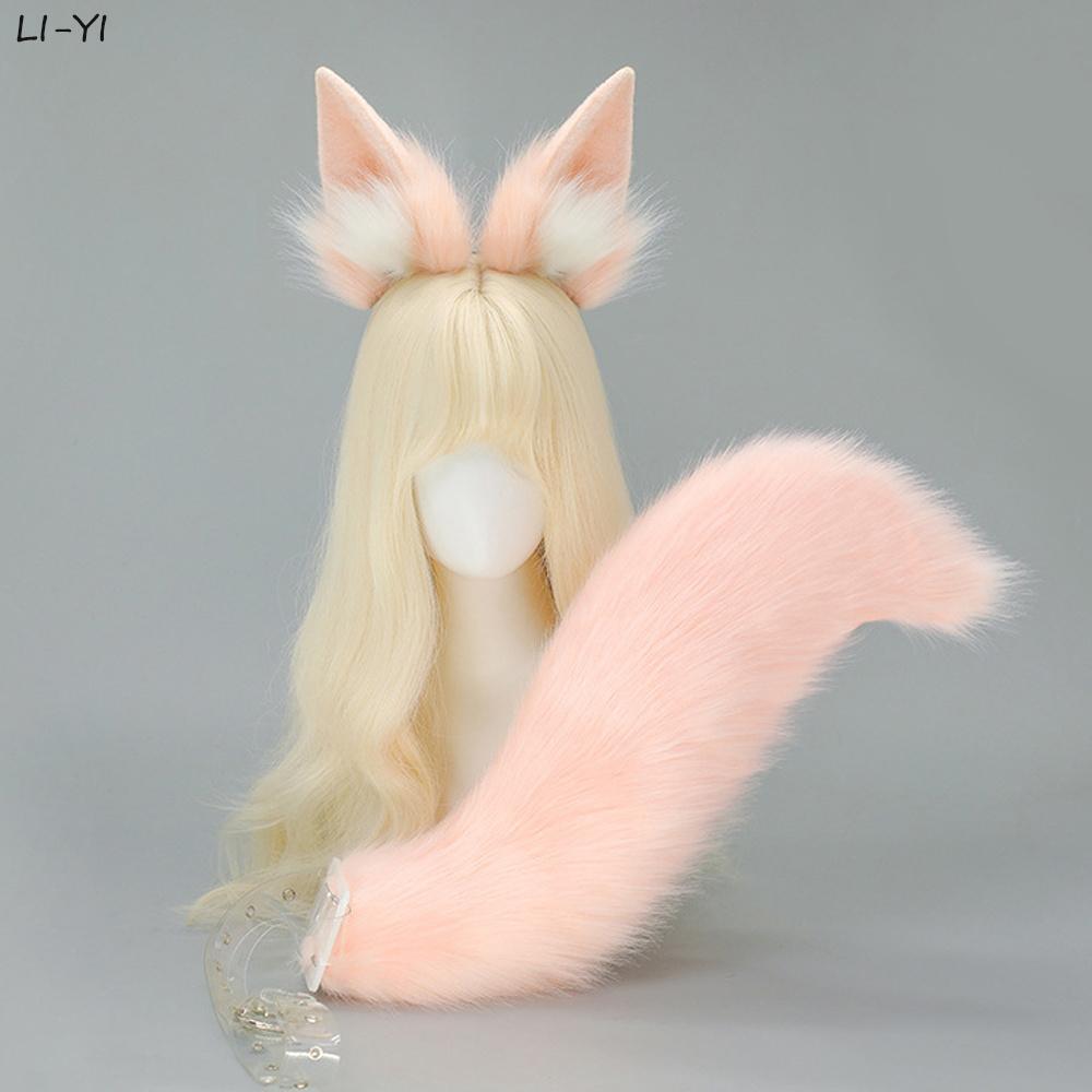 

2Pcs/Set Furry Fox Ear Tail Anime Plush Cat Dog Ears Hairband Pink Animal Tail Fluffy Cosplay Ears Tail Game Role Play ear and tail