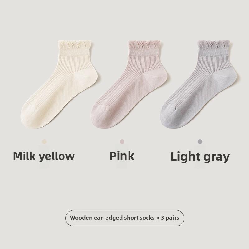 3 Pairs of Women's Spring Summer Cotton Thin Mesh Lace Solid Color Short Socks