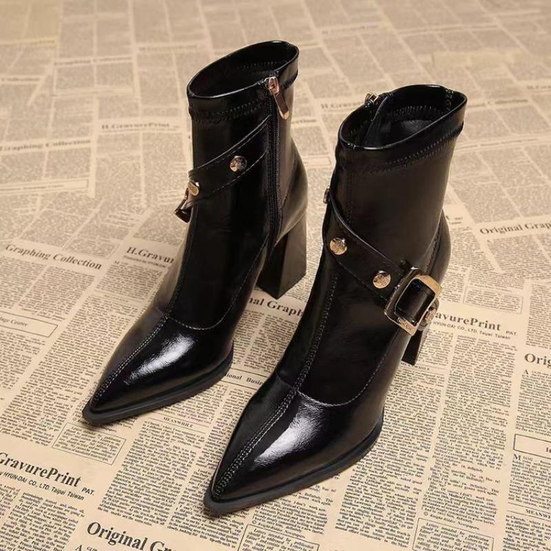 Women Boots Temperament Pointed High-heeled Boots High Quality High-heel Leather Boot Belt Buckle Designer Boots Bottines Femmes