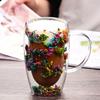Double Wall Glass Mug with Flower Glitter Inside 450ml Large Capacity Heat & Cold Resistant Transparent