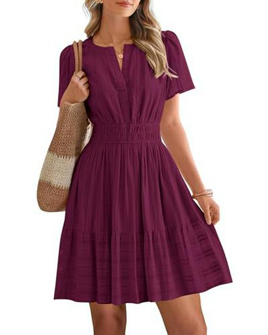 European & American V-neck Pleated Puff Sleeve Layered Dress for Women