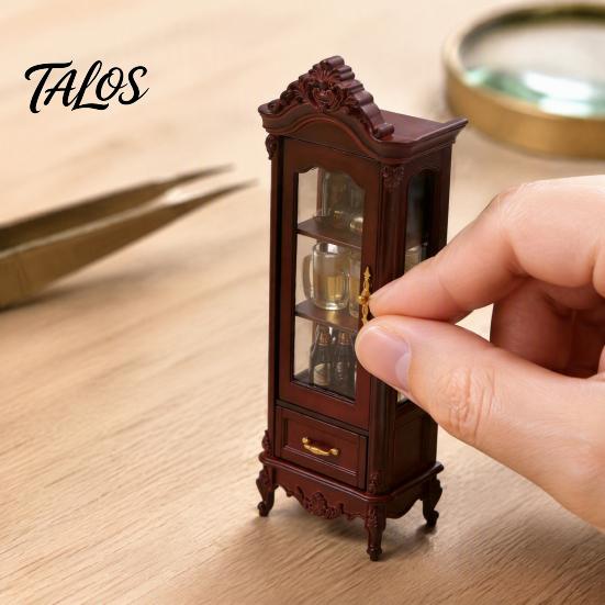 European Style Doll Mansion Accessory Miniature Curio Cabinet, 1/12 Scale Mini Wine Wooden Tiny Display Cabinet with Detailed Furniture Drawer,