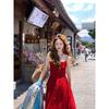 LC Yunnan Dali wears a French red suspender dress, female sexy backless, suitable for seaside vacation