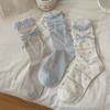 Blue-Gray Sweet Lolita Mid-Calf Socks with Lace, Ribbons & Ruffles for Women, Spring Style