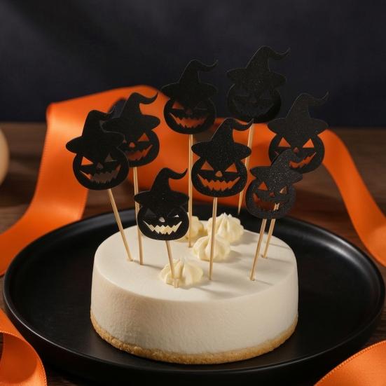 Wooden Skewer Cake Topper 8 Pcs Halloween Cupcake Toppers, Black Glitter Witch Hat Pumpkin Picks for Party Supplies, Birthday Decoration Durable