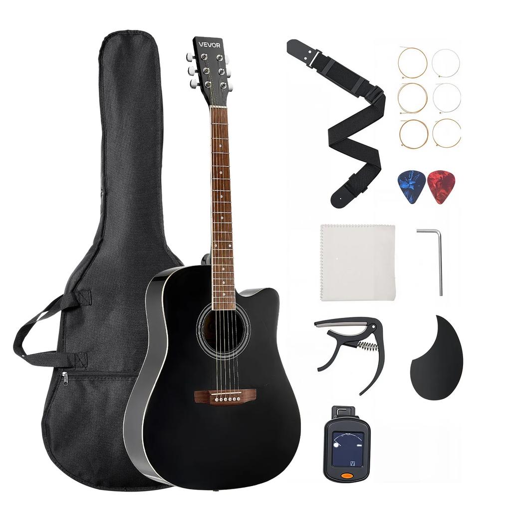 VEVOR 1041 mm (41 in) Cutway Acoustic Guitar Beginner Bundle with Gig Bag for Adult Black