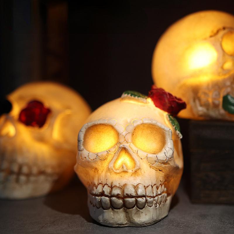 Glowing Skull Lights Skeleton Head Statue Ornament With Rose Led Decorations Lamp Halloween Horror