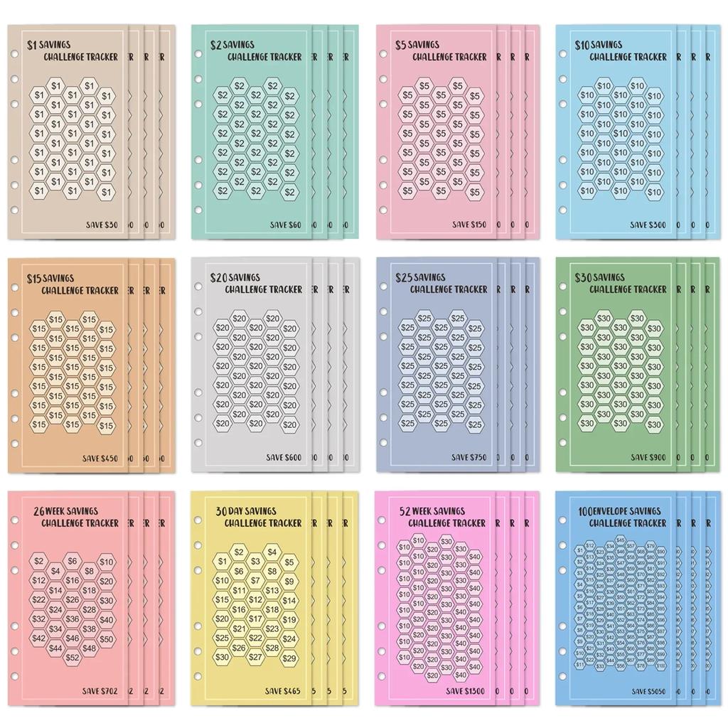 48 Sheets Week Savings Challenge Papers A6 Loose Leaf Binder Save Money Notebook Euros USD Cash Budget Planner Supplies