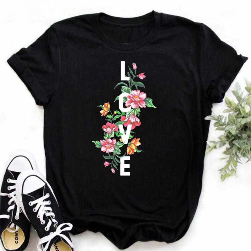 New Women T Shirt Gold Letter Love Print T Shirt Female Short Sleeve Tops Tee 90s Girls Black T-shirt Women Casual Tee Shirts