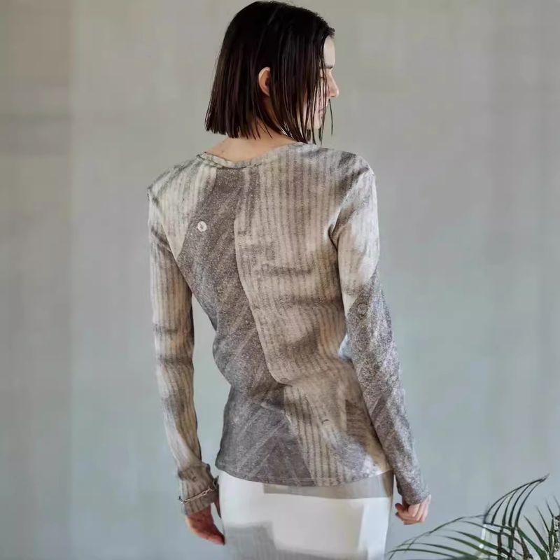 Paloma Wool Spain Retro Print Thin and All-Matching Fashion Silm Knitting Long Sleeves T-shirt Tops Female Autumn