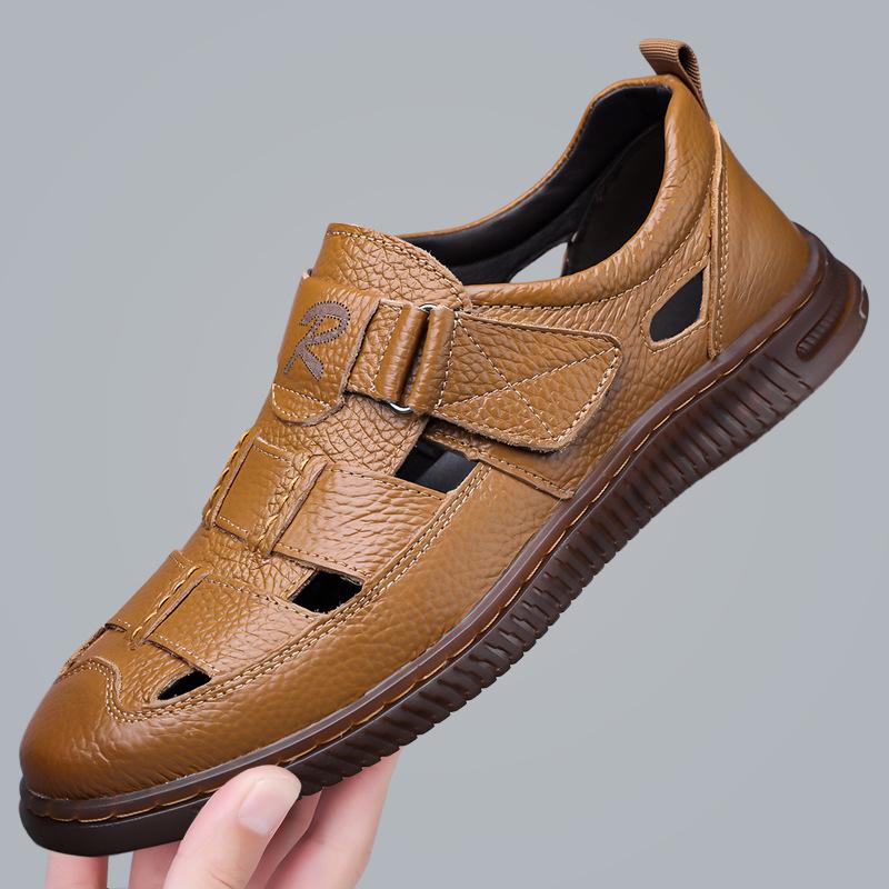 

Leather sandals bag first layer cowhide 2025 summer new breathable hollow hole shoes men s soft sole middle-aged dad shoes 44