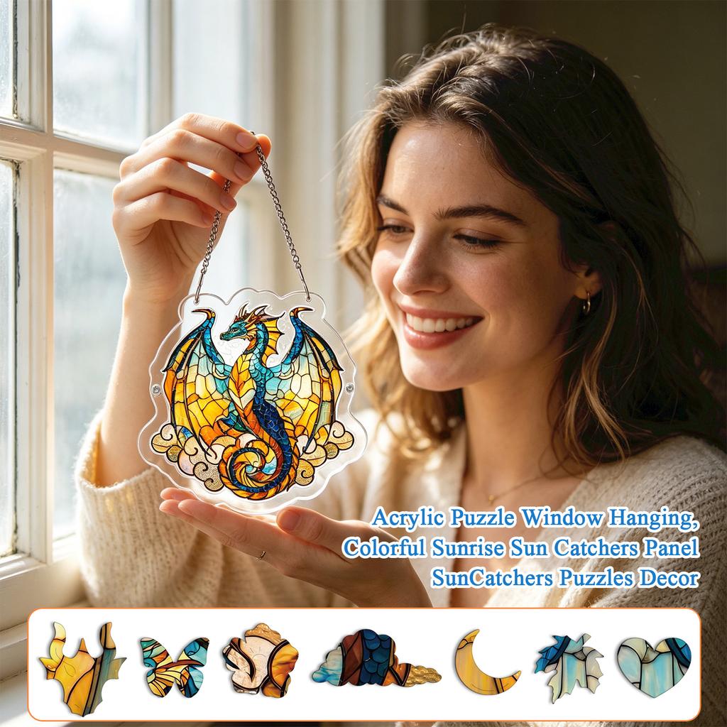 Acrylic Stained Glass Style Dragon Sun Catcher Window Hanging Ornament with Chain for Home Decoration and Gift