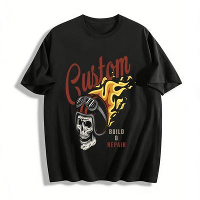 Vintage Motorrad Totenkopf Flammen Druck Custom Build Reparatur Lässiges T-Shirt Reines Baumwoll-T-Shirt