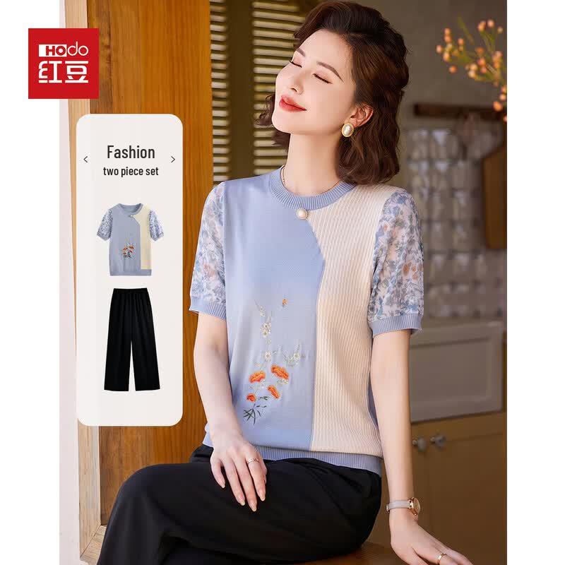 Hodo Mid-Aged Women s Knit Embroidered Two-Piece Set L