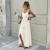 Women's Summer 2026 Floral Spaghetti Strap Maxi Dress with Waist-cinching Lace-up and Split
