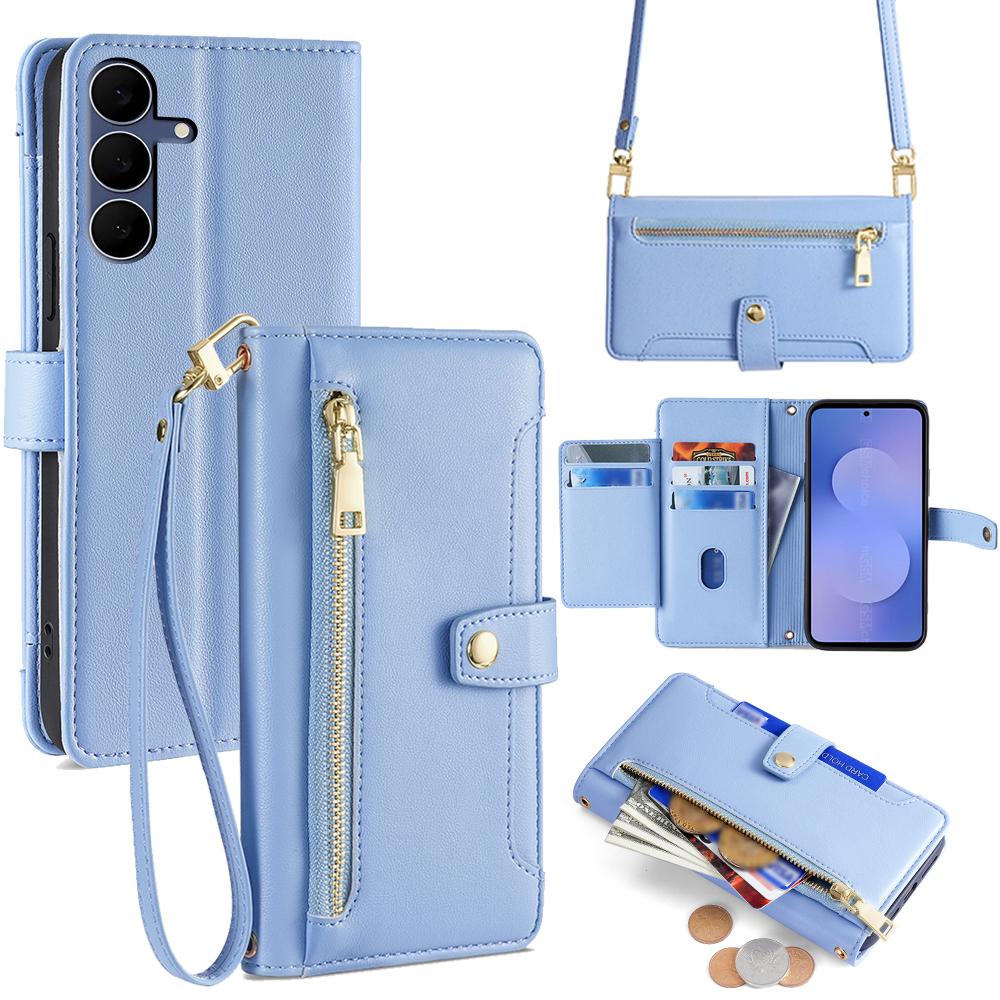 

For Samsung Galaxy S25 FE Leather Case Zipper Pocket Wallet Phone Cover with 2 Straps