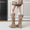 Cowhide retro inner height-increasing pointed head high tube boots, new string-strap pleated thin boots, folded and two stacked boots