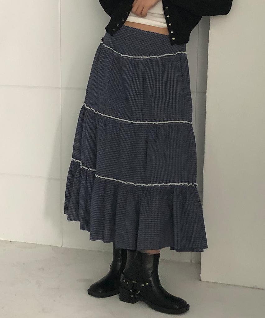 Chix Check Tiered Long Skirt Navy