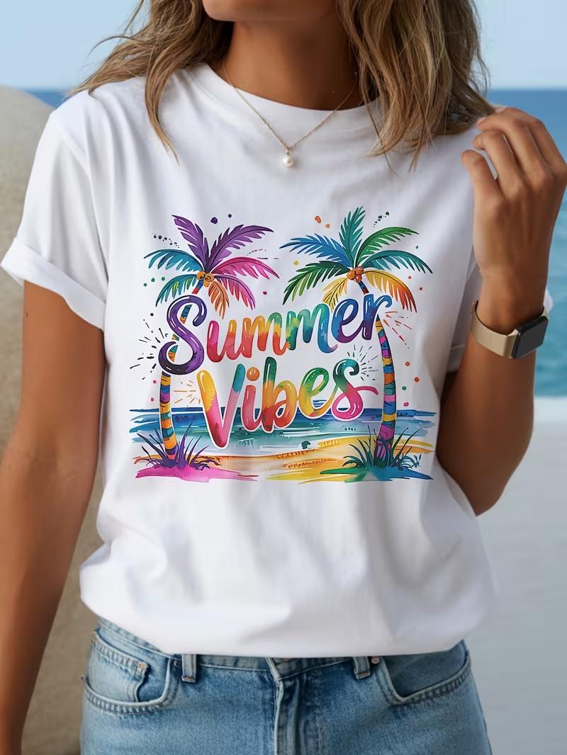 Women Light Beige Tropical Beach TShirt Short Sleeve Round Neck Summer Top with Palm Tree Summer Vibes for Spring Summer S