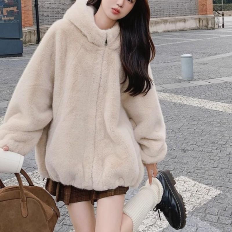 Women's Winter Fleece Hooded Jacket Solid Color Oversized Short-Sleeve Short-Length Jacket