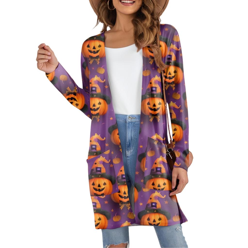 Women's Fashion Casual Comfortable Halloween Printed Mid-Length Cardigan With Pockets Jacket