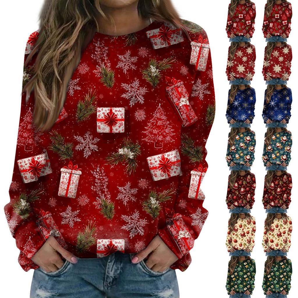 Women's Fashion Casual Long Sleeve Christmas Printed Neck Sweatshirt Top