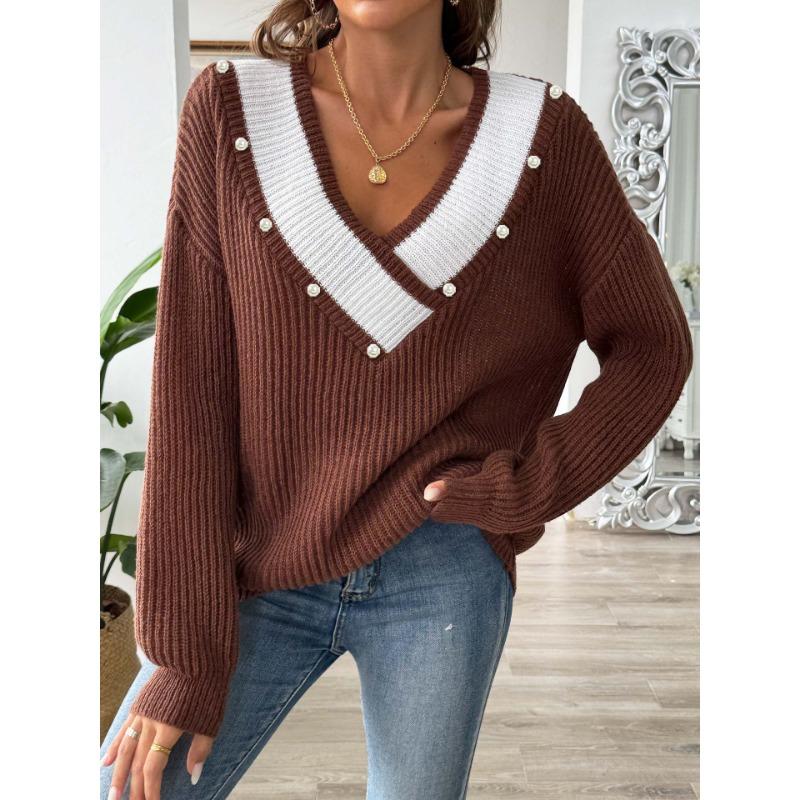 Women S Loose Fit V Neck Beaded Long Sleeve Pullover Sweater