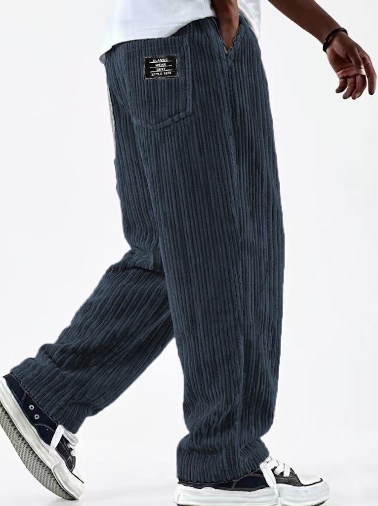 European & American Men's Wide Corduroy Logo Pocket Casual Loose Straight-Leg Pants 2026