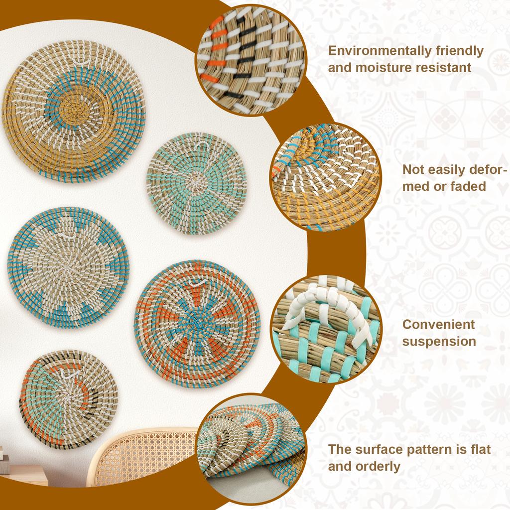 5 ks Boho nástěnný košík Dekorace Závěsný tkaný nástěnný košík Dekorativní ručně vyrobená nástěnná dekorace Mosazný košík Kulaté mořské trávy nástěnné umění