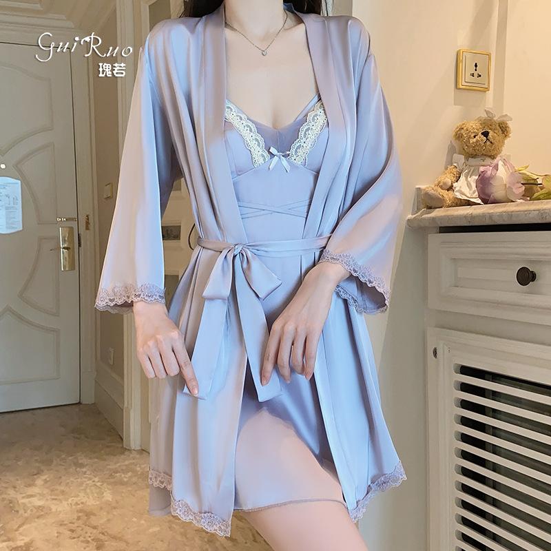 Women's Silky Comfy Padded Tie Sleep Dress with Robe Lounge Set