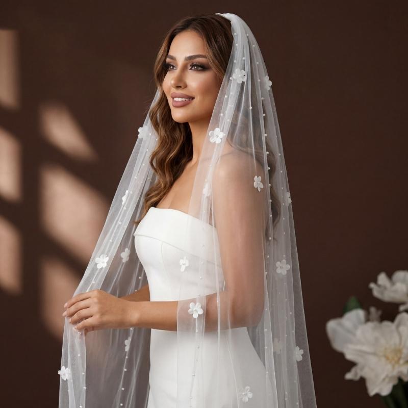 Romance Beaded Bridal Veils Long U Shape Chapel Train Veils For Bride Beach Church Wedding And Special Event Photoshoots
