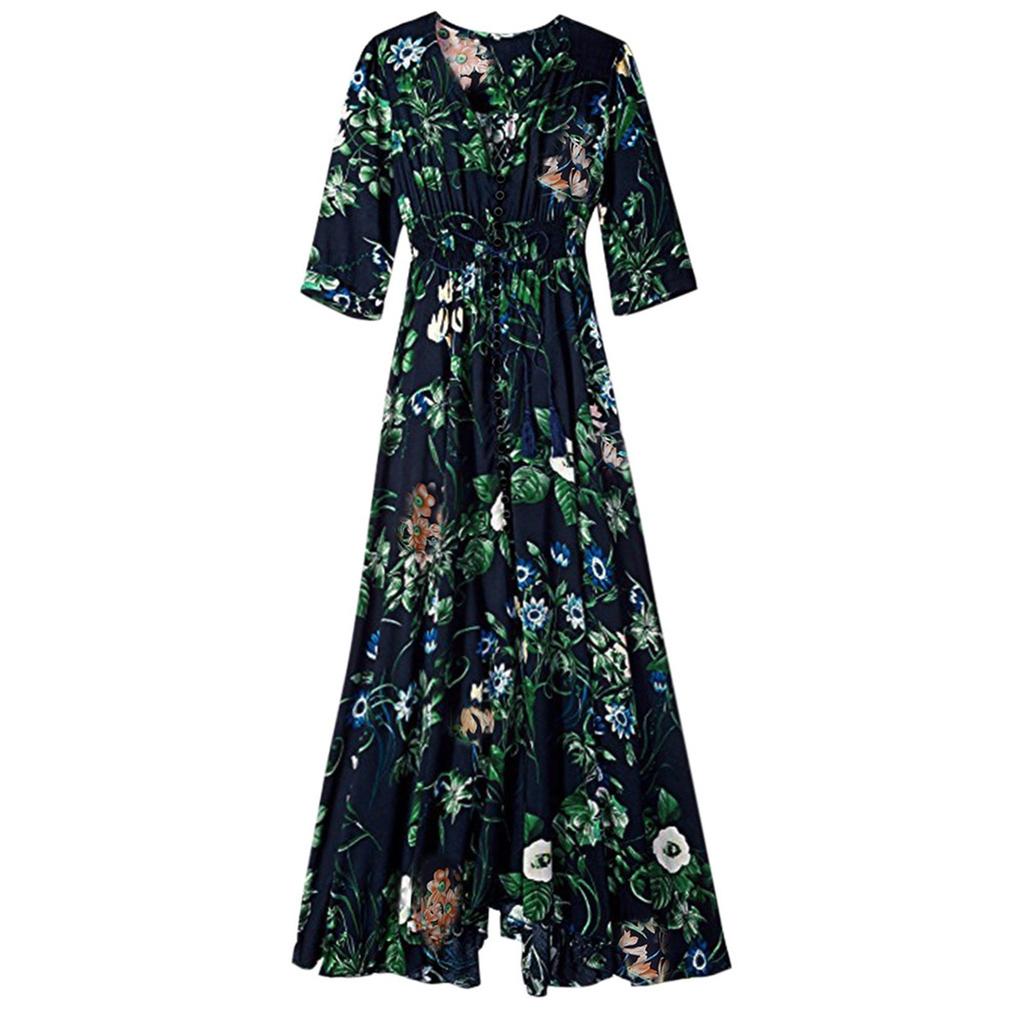 Women Summer Button Up Split Floral Cotton Tassels Flowy Party Maxi Long Dress