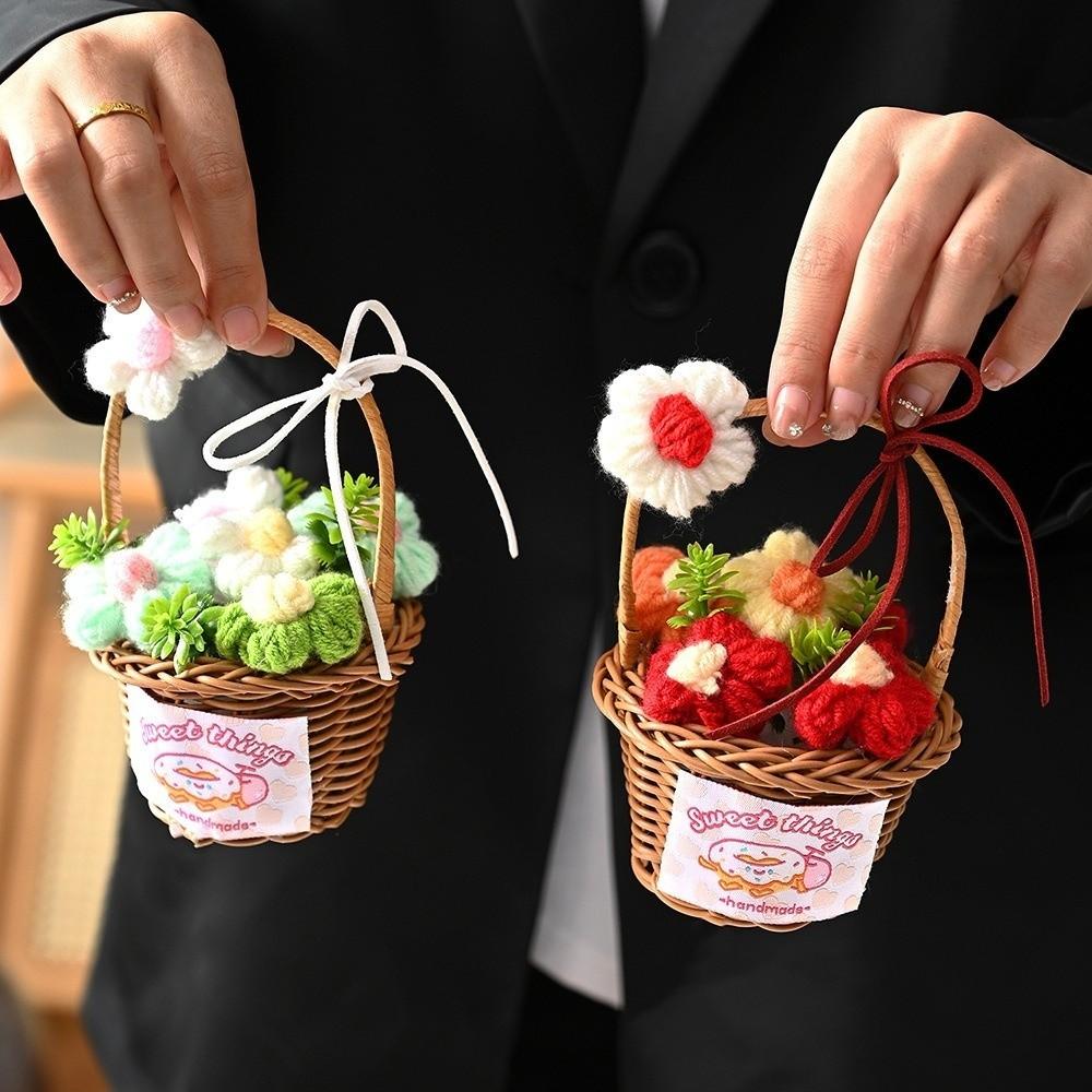 Home Decor Knitted Flower Basket Gift Basketed Crochet Flowers Crochet Flower Bouquet  Mother's Day