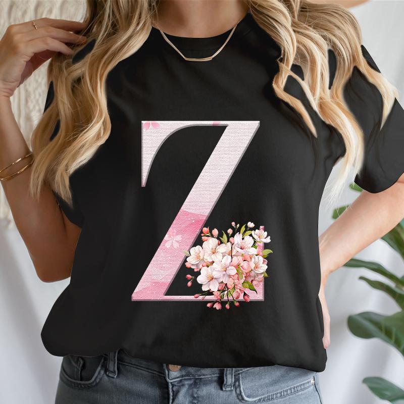 Y2k Cherry Blossom Letter Az Tshirts Unisex Pink Floral Aesthetic Alphabet Tees Short Sleeve Boho Chic Tops Mama Gifts Tshirts