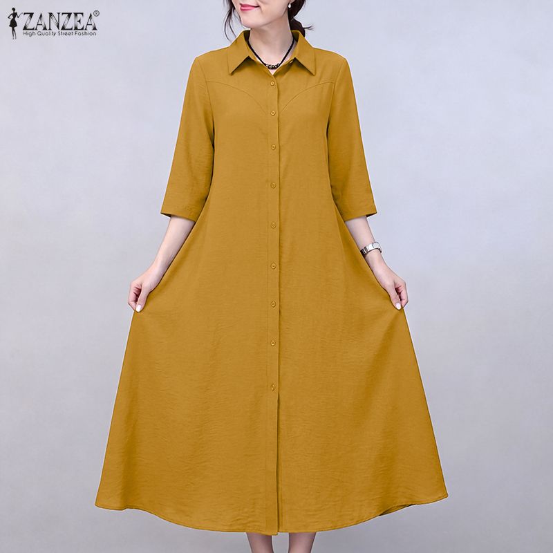 ZANZEA Women Casual Turn Down Collar Loose 3/4 Sleeve Shirt Dress