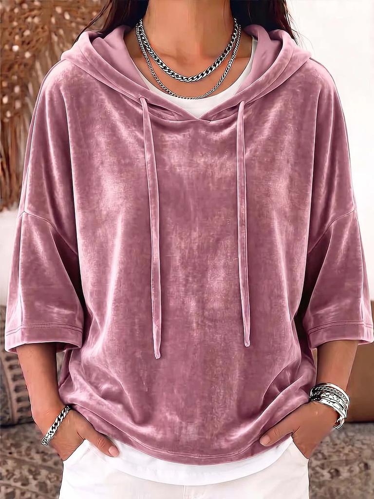 Women's Velvet Sweater Autumn and Winter European and American Women's Clothing New Hoodie Solid Color Drawstring Seven-quarter Sleeve Pullover Top