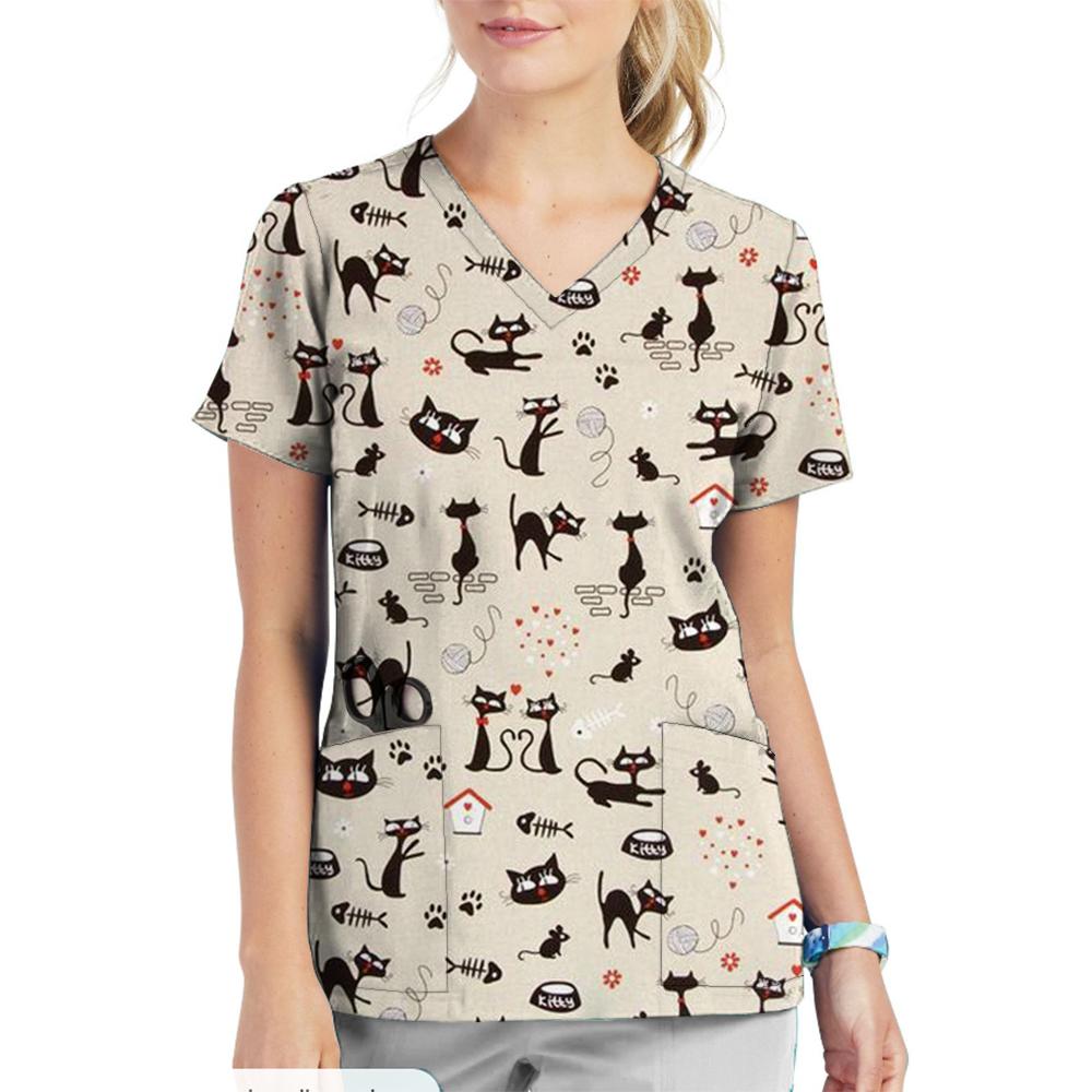 Krankenschwester Uniform V-Ausschnitt Cartoon Katze Hund Muster Bedruckte Oberteile Kurzarm Taschen Damen T-Shirts