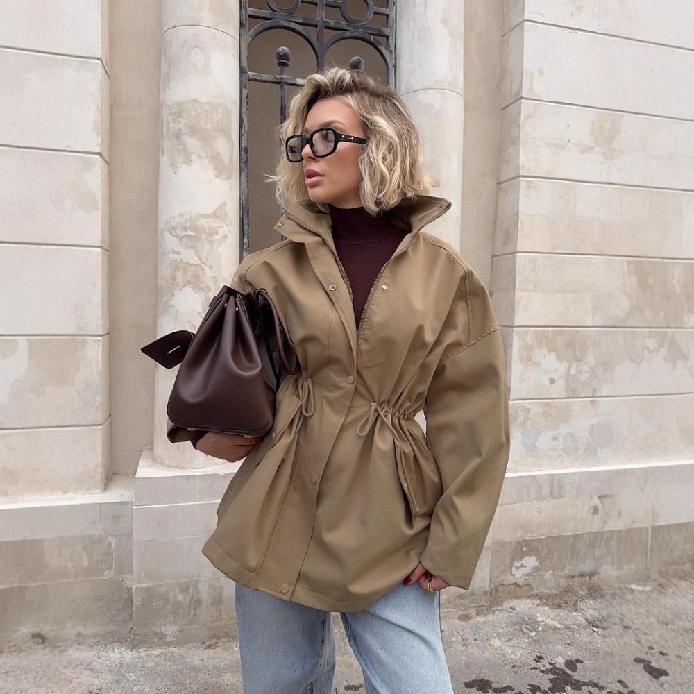 Women's Stand Collar Mid Length Trench Coat Drawstring Waist Solid Color 100 Cotton Windbreaker Jacket