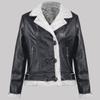 Women's Fleece Leather Jacket Thick Warm Flocked Leather Coat Turn-Down Collar PU Leather Jacket