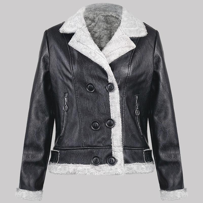 Women's Fleece Leather Jacket Thick Warm Flocked Leather Coat Turn-Down Collar PU Leather Jacket