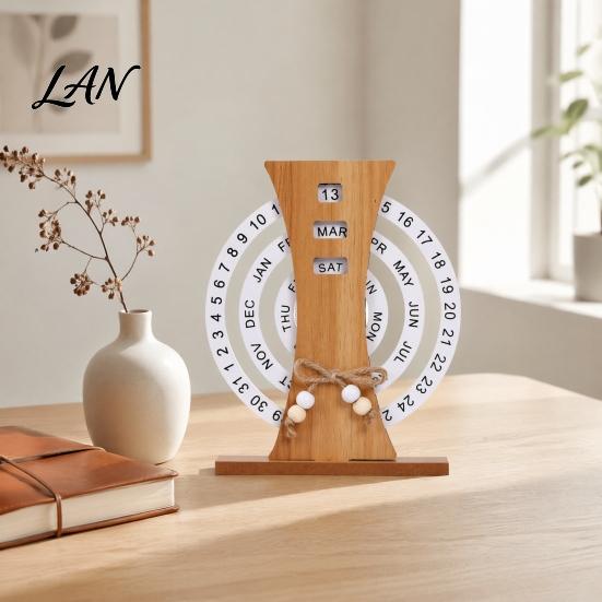 Office Desk Accessories for Men Wooden Perpetual Calendar, Manual Rotating Calendar Home Natural Wood Decor, Creative Date Month Week Display Desktop