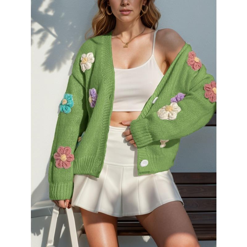 Fall Women's Plus Size Floral Pattern Button Knit Cardigan Cute Loose Long Sleeve Sweater
