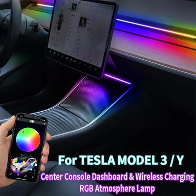 Tesla modeli için 3 Y araba iç RGB Neon ışık LED şerit merkezi konsol pano kablosuz şarj ortam lambası APP kontrolü