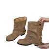 Boots women's new women's boots thick heel retro platform pleated short trousers versatile fashion stacking boots khaki