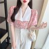 Design-sensual Niche Lapel Floral Chiffon Shirt Women Puff Sleeve French Top