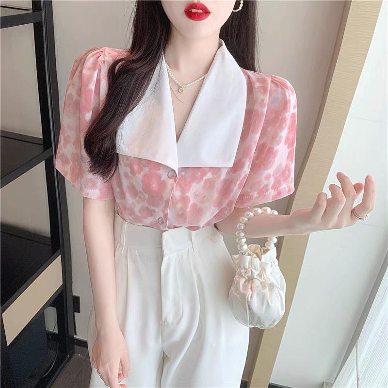 Design-sensual Niche Lapel Floral Chiffon Shirt Women Puff Sleeve French Top